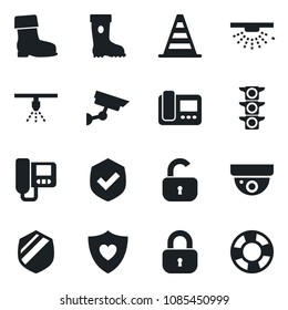 Set of vector isolated black icon - border cone vector, boot, heart shield, traffic light, lock, intercome, surveillance, sprinkler, crisis management