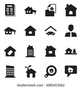 Set of vector isolated black icon - house vector, contract, with garage, tree, estate document, search, agent, smart home, city, eco, message