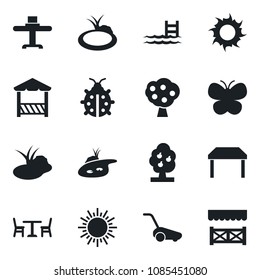 Set of vector isolated black icon - cafe vector, sun, lawn mower, butterfly, lady bug, pond, pool, fruit tree, table, restaurant, alcove