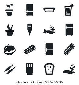 Set of vector isolated black icon - seedling vector, plant label, diet, fridge, drink, phyto bar, bacon, bread, kebab, hot dog, palm sproute