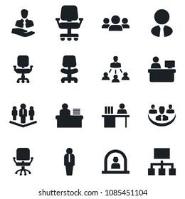 Set of vector isolated black icon - reception vector, manager, office chair, place, client, company, desk, hierarchy, estate agent, group