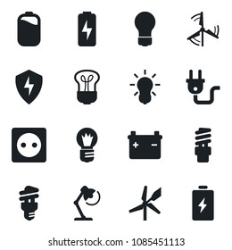 Set of vector isolated black icon - bulb vector, protect, battery, charge, desk lamp, windmill, socket, power plug, energy saving