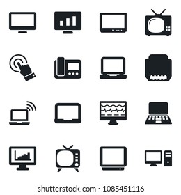 Set of vector isolated black icon - wireless notebook vector, pc, statistic monitor, pulse, tv, touch screen, laptop, hdmi, statistics, intercome