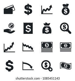 Set of vector isolated black icon - dollar sign vector, money bag, cash, receipt, credit card, growth graph, crisis, search, investment