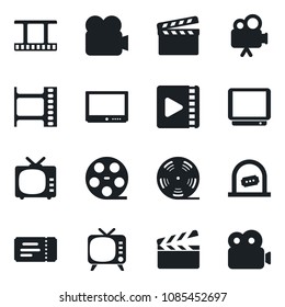 Set of vector isolated black icon - ticket vector, office, clapboard, film frame, reel, tv, video camera