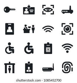 Set of vector isolated black icon - passport control vector, security gate, identity card, disabled, wireless, key, router, eye scan, fingerprint