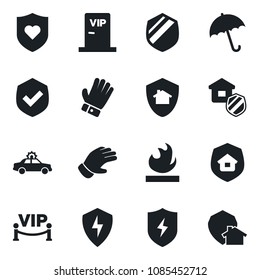 Set of vector isolated black icon - umbrella vector, alarm car, glove, heart shield, flammable, protect, estate insurance, vip zone, home