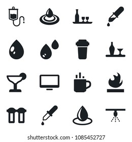 Set of vector isolated black icon - hot cup vector, water drop, dropper, flammable, monitor, alcohol, cocktail, filter, sprinkler