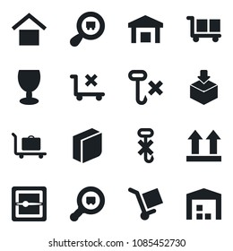 Set of vector isolated black icon - baggage trolley vector, fragile, cargo, warehouse storage, up side sign, no, hook, package, search, scanner, blank box