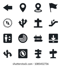 Set of vector isolated black icon - elevator vector, escalator, signpost, left arrow, radar, route, pin, download, place tag, compass, flag, guidepost