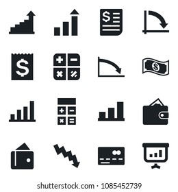 Set of vector isolated black icon - credit card vector, growth statistic, calculator, crisis graph, receipt, bar, wallet, cash, presentation
