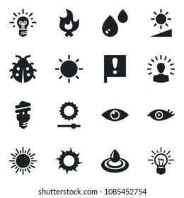 Set of vector isolated black icon - sun vector, lady bug, fire, eye, important flag, brightness, water, energy saving bulb, shining head, idea