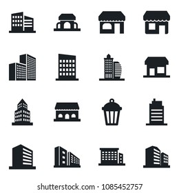 Set of vector isolated black icon - shop vector, office building, garden light, city house, cafe, storefront