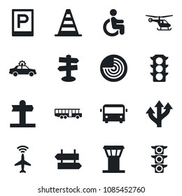 Set of vector isolated black icon - airport tower vector, plane radar, bus, parking, signpost, alarm car, border cone, helicopter, disabled, route, traffic light