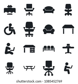 Set of vector isolated black icon - waiting area vector, disabled, office chair, desk, picnic table, cushioned furniture, restaurant, man with notebook