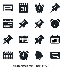 Set of vector isolated black icon - alarm clock vector, drawing pin, calendar, paper, bell, schedule