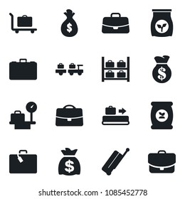 Set of vector isolated black icon - suitcase vector, baggage conveyor, trolley, larry, luggage storage, scales, case, money bag, fertilizer