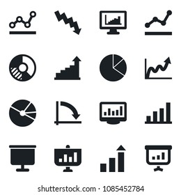 Set of vector isolated black icon - growth statistic vector, crisis graph, circle chart, monitor statistics, presentation board, bar, pie, point