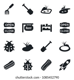 Set of vector isolated black icon - job vector, garden fork, shovel, lady bug, pond, rack, rent, bacon, open close, rocket