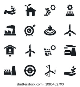 Set of vector isolated black icon - factory vector, bird house, target, sun panel, windmill, eco, water, palm sproute