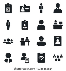 Set of vector isolated black icon - manager vector, identity card, place, patient, user, desk, estate agent, pass, group