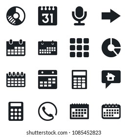 Set of vector isolated black icon - right arrow vector, calendar, circle chart, microphone, menu, calculator, phone, home message