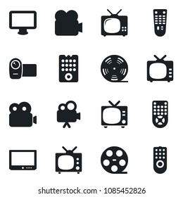 Set of vector isolated black icon - tv vector, reel, video camera, remote control, monitor
