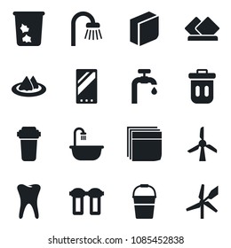 Set of vector isolated black icon - trash bin vector, bucket, tooth, mobile, blank box, water supply, bathroom, serviette, filter, windmill