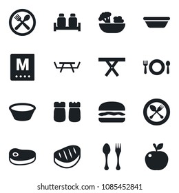 Set of vector isolated black icon - spoon and fork vector, picnic table, cafe, menu, salad, salt pepper, steak, hamburger, bowl, apple fruit