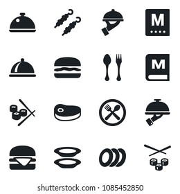 Set of vector isolated black icon - spoon and fork vector, dish, cafe, menu, plates, waiter, steak, kebab, hamburger, sushi