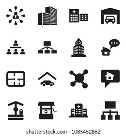 Set of vector isolated black icon - hierarchy vector, well, hospital, molecule, office building, garage, plan, home message