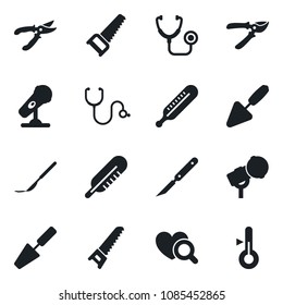 Set of vector isolated black icon - trowel vector, pruner, saw, stethoscope, thermometer, heart diagnostic, scalpel, microphone