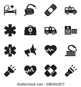 Set of vector isolated black icon - hose vector, heart pulse, doctor case, patch, ambulance star, car, hospital bed, loudspeaker, torch