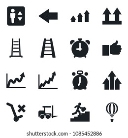 Set of vector isolated black icon - elevator vector, alarm clock, left arrow, fork loader, ladder, up side sign, no trolley, finger, career, graph, growth, air balloon