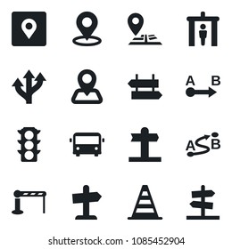 Set of vector isolated black icon - airport bus vector, barrier, security gate, signpost, border cone, route, navigation, traffic light, place tag, guidepost