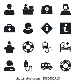 Set of vector isolated black icon - reception vector, manager place, doctor case, dropper, ambulance car, hospital bed, support, information, crisis management