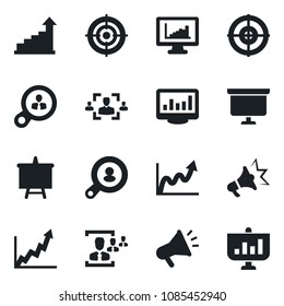 Set of vector isolated black icon - growth statistic vector, presentation board, monitor statistics, hr, target, client search, consumer, graph, advertising
