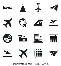 Set of vector isolated black icon - plane vector, runway, radar, departure, arrival, ladder car, seat map, flight table, globe, airport building, paper