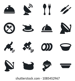 Set of vector isolated black icon - satellite antenna vector, spoon and fork, dish, plates, waiter, chicken, kebab, bowl