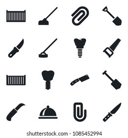 Set of vector isolated black icon - job vector, saw, hoe, garden knife, implant, cargo container, paper clip, dish