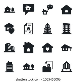Set of vector isolated black icon - house vector, office building, with garage, tree, estate document, sweet home, city, message