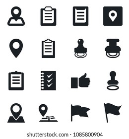 Set of vector isolated black icon - stamp vector, navigation, pin, clipboard, finger up, place tag, checklist, flag