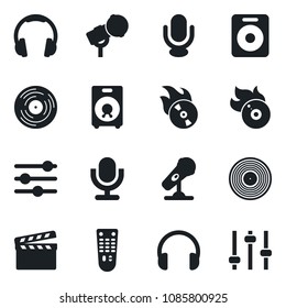 Set of vector isolated black icon - clapboard vector, vinyl, flame disk, microphone, remote control, headphones, speaker, tuning
