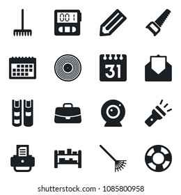 Set of vector isolated black icon - case vector, pencil, printer, rake, saw, rack, vinyl, mail, stopwatch, calendar, torch, book, web camera, crisis management