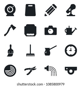 Set of vector isolated black icon - camera vector, radar, pencil, rake, watering can, pruner, axe, clock, microphone, hdmi, themes, cutting board, turkish coffee, web