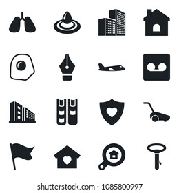 Set of vector isolated black icon - plane vector, lawn mower, house, heart shield, lungs, record, office building, ink pen, book, estate search, sweet home, omelette, water, flag, tie