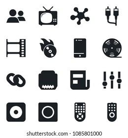 Set of vector isolated black icon - film frame vector, reel, flame disk, settings, remote control, cell phone, share, chain, group, rec button, rca, hdmi, record, news, tv