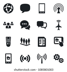 Set of vector isolated black icon - plane radar vector, antenna, team, remote control, dialog, mobile, message, sim, network, wireless, home app, gear