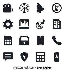Set of vector isolated black icon - no mobile vector, antenna, phone back, call, message, protect, settings, calculator, bell, scanner, sim, lock, music, video, charge