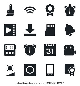 Set of vector isolated black icon - mobile vector, themes, alarm, stopwatch, bell, record, sd, calendar, download, wireless, brightness, video, certificate